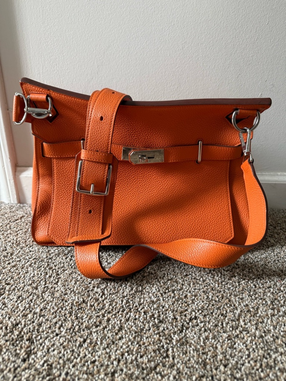 Hermes Orange Pebbled Leather Shoulder Bag with Paladium Hardware